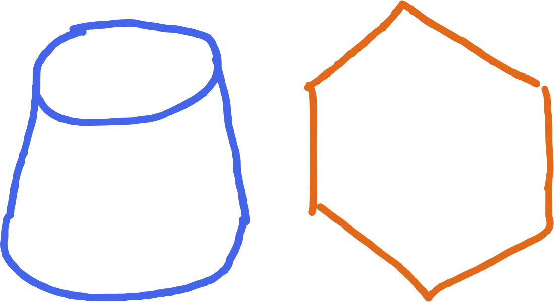 Blue rounded shape with straight sides next to an orange crudely drawn hexagon
